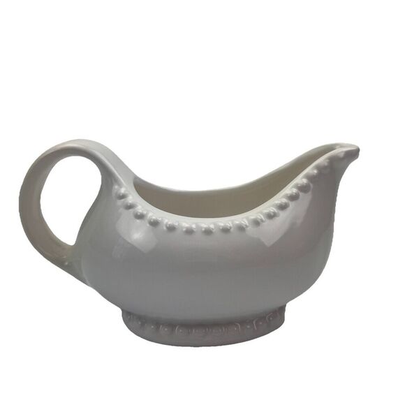 Gallery Tabletop Gravy Boat Beaded Trim Ceramic White Glazed - Picture 1 of 12